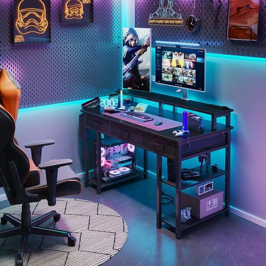 Gaming Desk with Led Lights and Power Outlets, 47 Inch Home Office Desk with Monitor Stand & Shelves, Writing Study Computer Desks with Fabric Drawers for Bedroom, Black