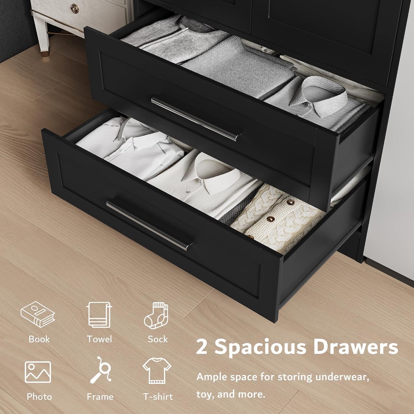 Wooden Armoire Wardrobe Closet with 2 Drawers, Clothing Storage Cabinet with Shelves Aluminum Hanging Rod, Wardrobe Storage with Strong Door Closure, Modern Bedroom Clothing Armoires, Black