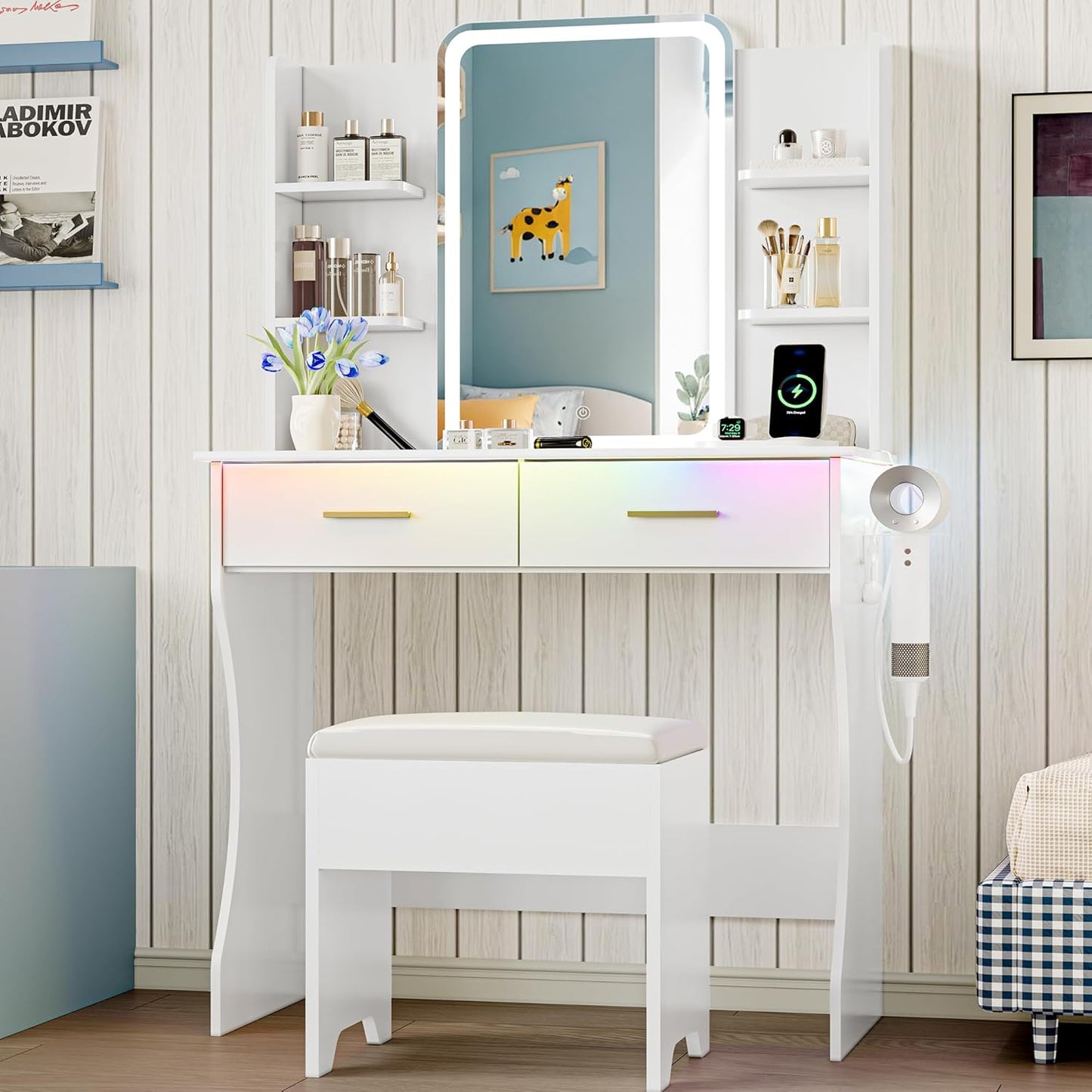 Vanity Desk with LED Lights Mirror & Power Outlet, Small Makeup Vanity Table Set with Storage Drawers & Chair, 3 Lighting Modes & Adjustable Brightness, Dressing Table for Women Girls Bedroom, White