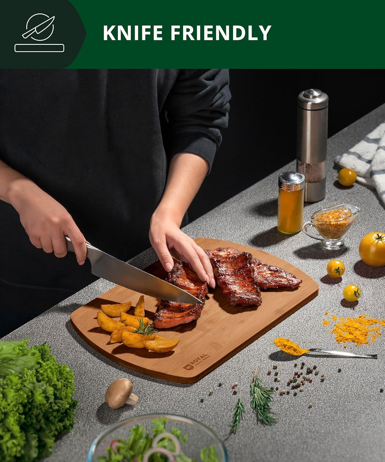 Wooden Cutting Boards for Kitchen Meal Prep & Serving - Bamboo Wood Serving Board Set with Deep Juice Groove Side Handles - Charcuterie & Chopping Butcher Block for Meat