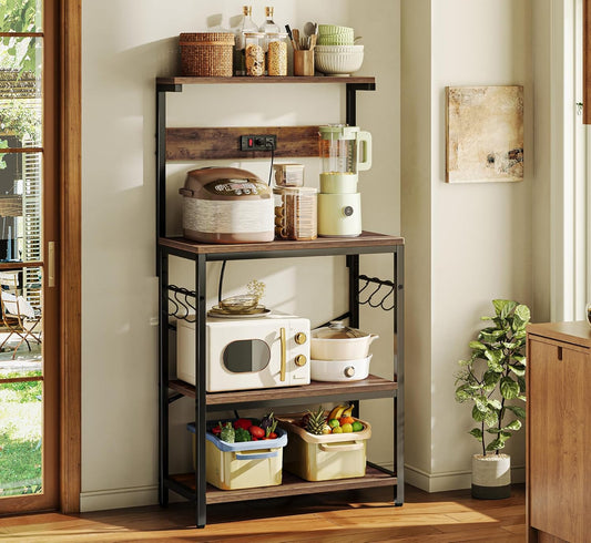 Kitchen Bakers Rack with Power Outlet, Coffee Bar Table 4 Tiers, Kitchen Microwave Stand with 6 S-Shaped Hooks, Storage Shelf Rack for Spices, Pots and Pans - Rustic Brown