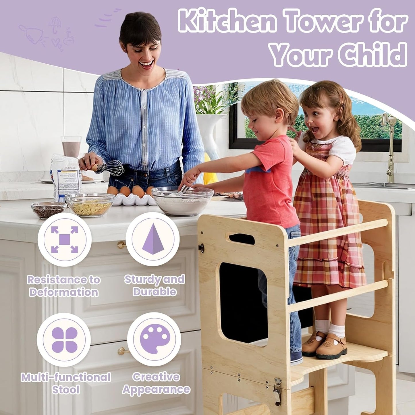 Toddler Standing Tower for 12M+, Montessori Foldable Learning Standing Tower with Blackboard, Anti-Tip Structure Design,Wooden Kitchen Step Helper Stool for 1-3 Year Old Boy Girl Gift