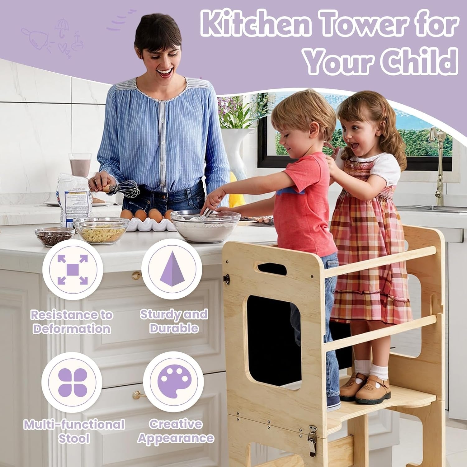 Toddler Standing Tower for 12M+, Montessori Foldable Learning Standing Tower with Blackboard, Anti-Tip Structure Design,Wooden Kitchen Step Helper Stool for 1-3 Year Old Boy Girl Gift