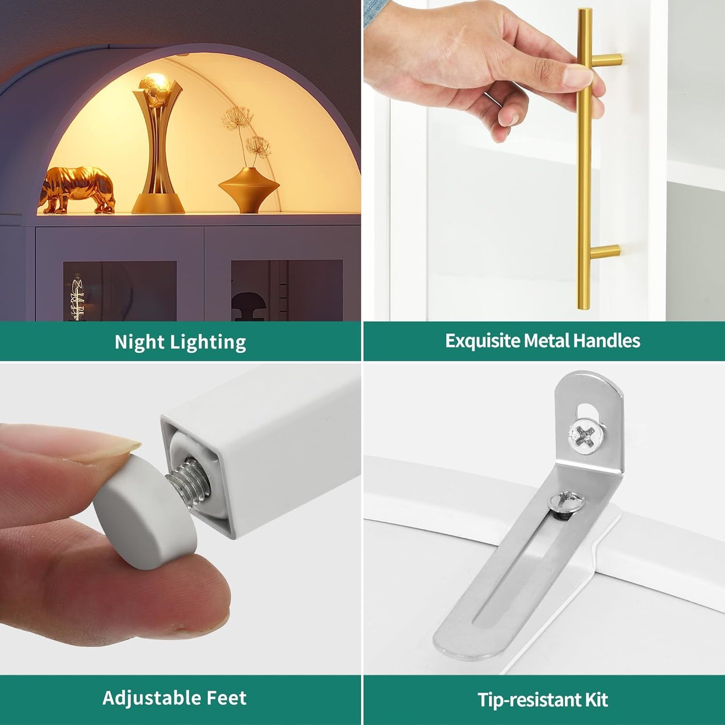 71" Arched Glass Display Cabinet, Tall Metal Storage Cabinet with Adjustable Shelves and Glass Doors, White
