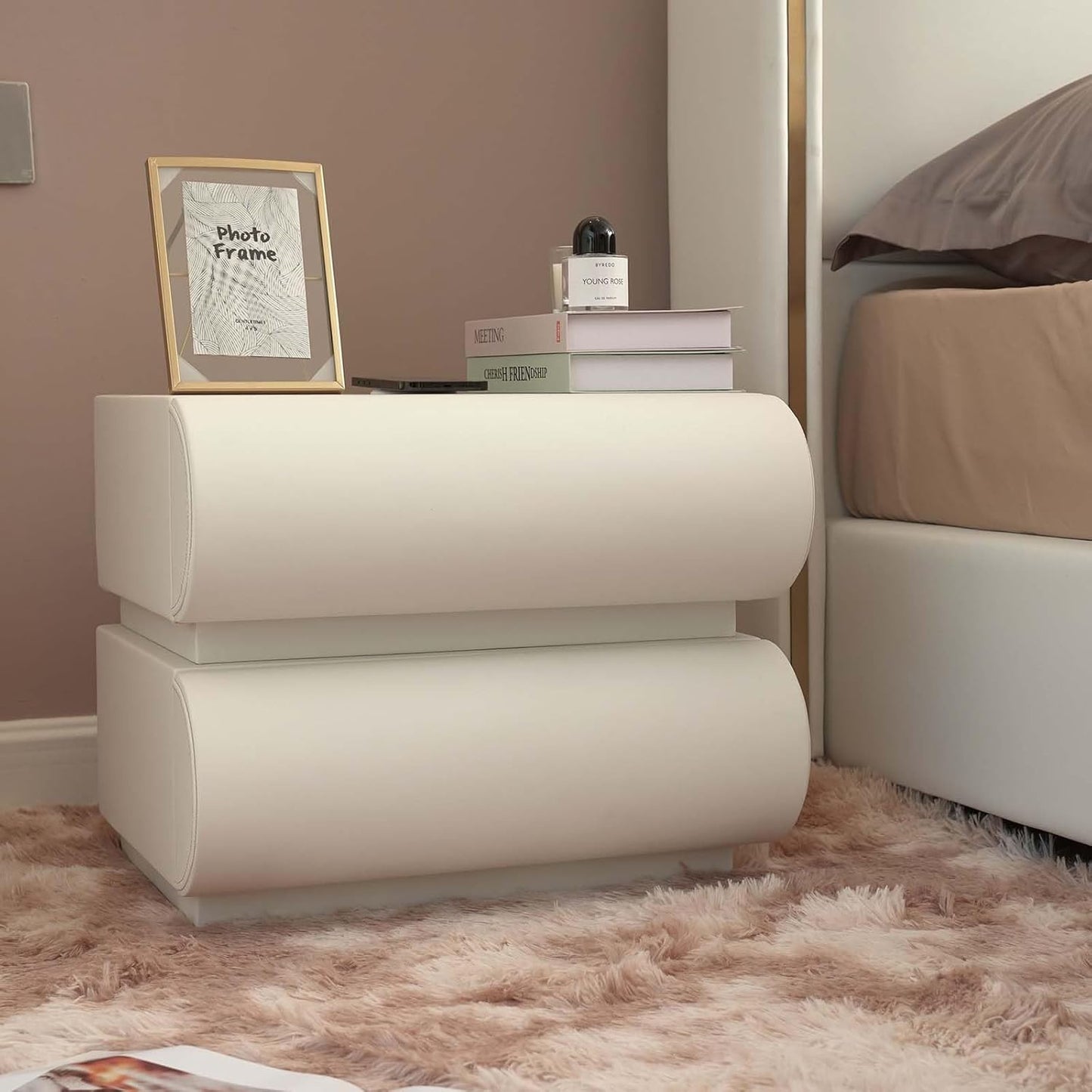 Smart Nightstand with Wireless Charging, USB & Type-C Ports – Modern White Leather Night Stand with 2 Drawers, Bedside Table for Bedroom