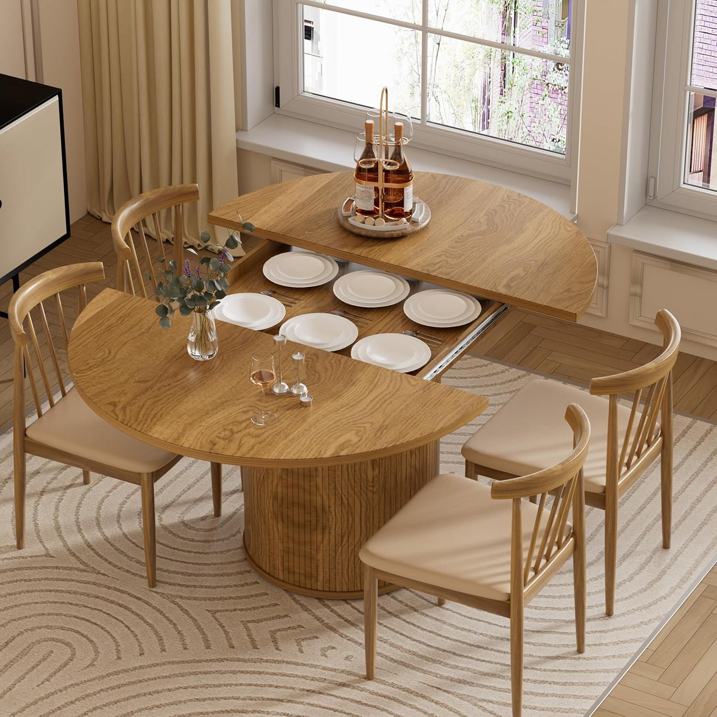 43.3''-59'' Extendable round Dining Table for 4, Modern Farmhouse Expandable Dining Table with Wood Strip Base for Kitchen Living Room,Natural