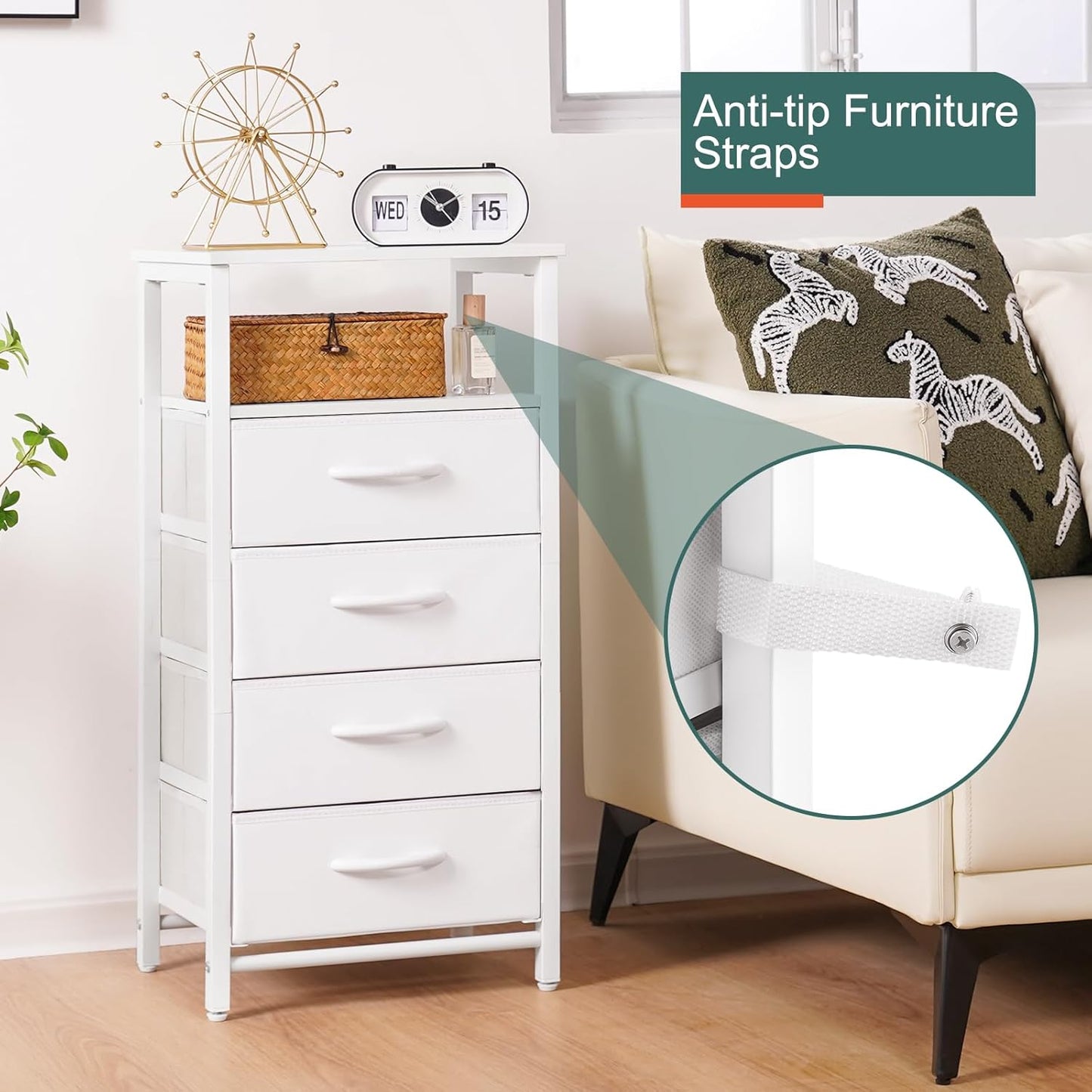 Night Stand - LED White Nightstand with Charging Station, Bedside Table with 4 Storage Drawers and Storage Shelf, End Table with USB Ports and Outlets, Tall Dresser for Bedroom