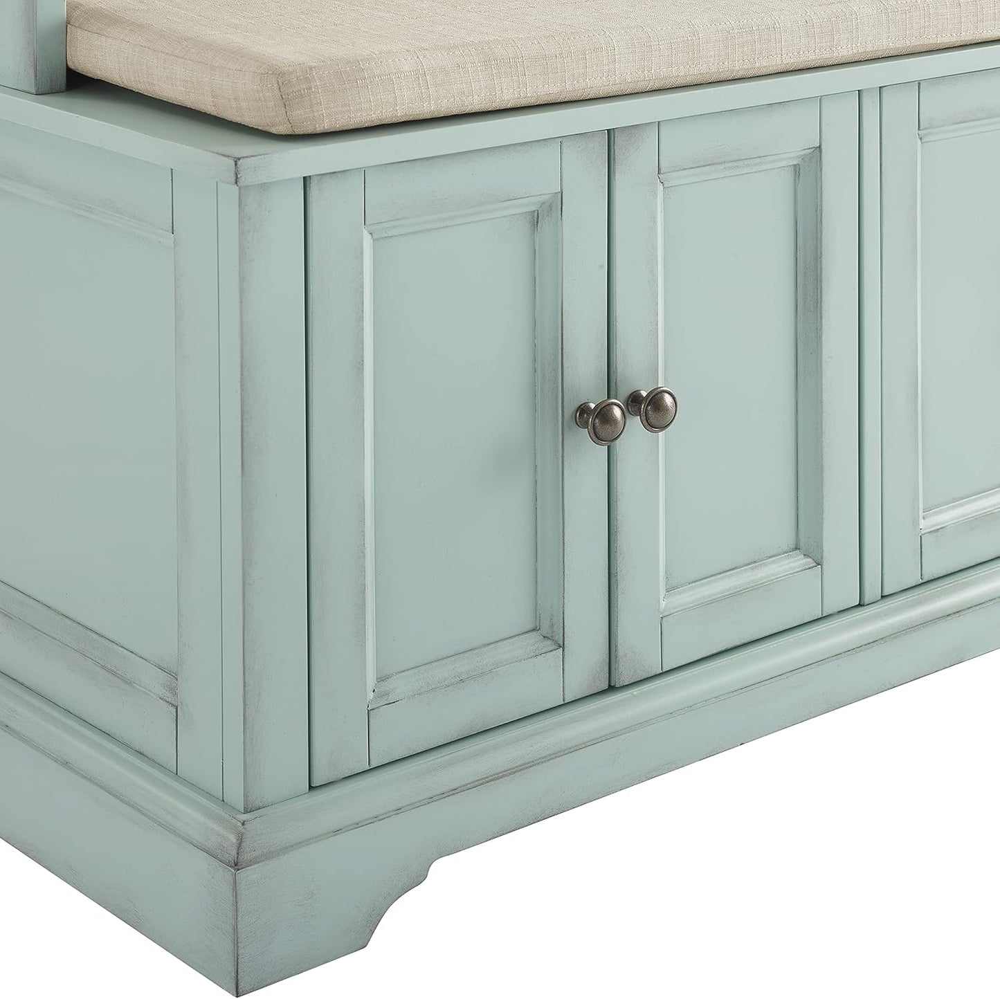 Holbrook Hall Tree with Shoe Rack Bench and Coat Hooks for Hanging Storage, Distressed Seafoam Blue
