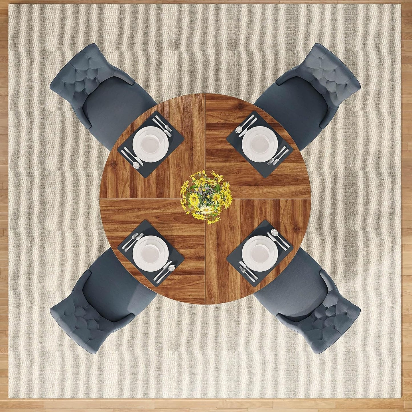 47" Dining Table Farmhouse round Kitchen Table for 4, Rustic Brown Wood Dinner Table with Cross Base for Living Room Dining Room