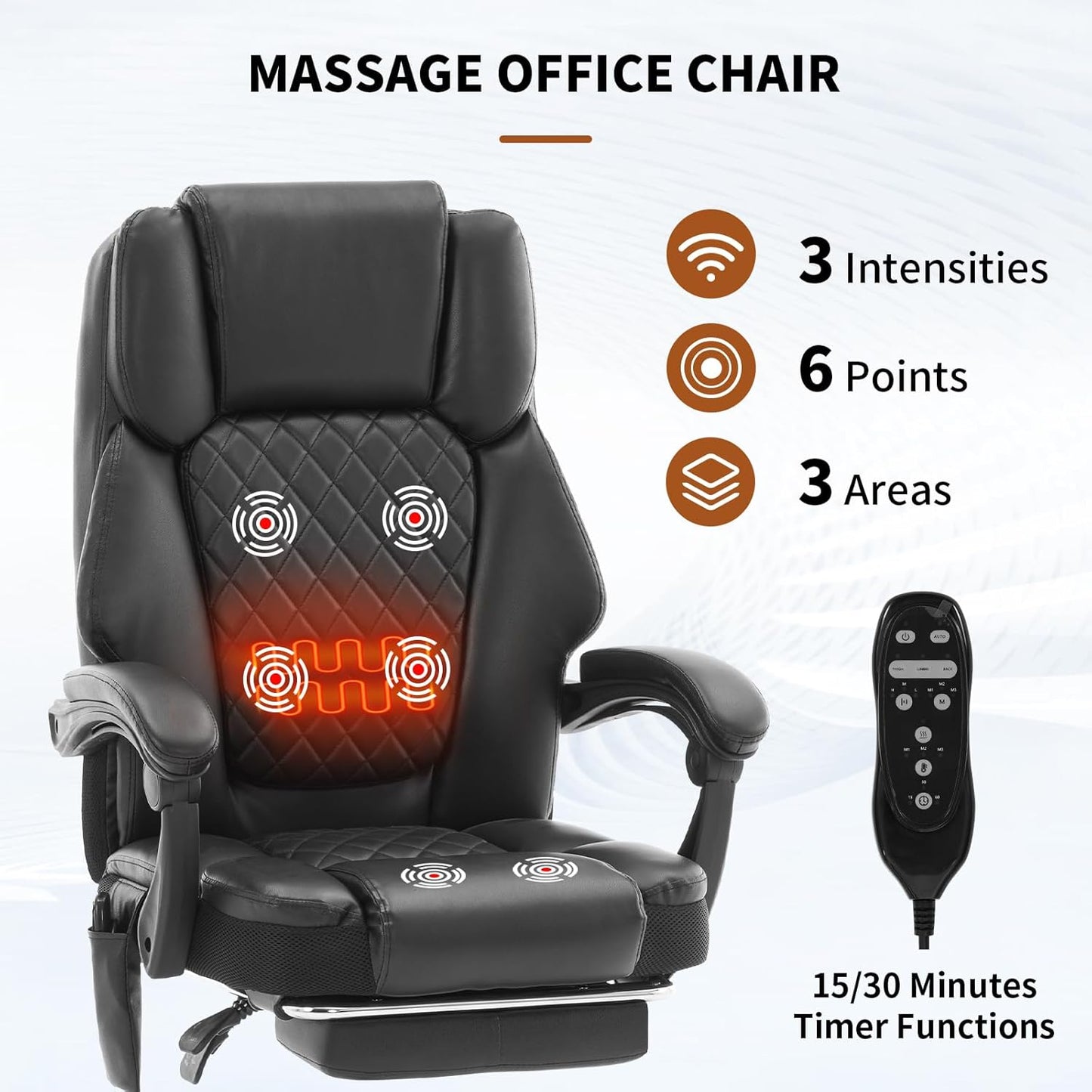 Massage Office Chair with Heat 6 Vibration Points,Big and Tall Office Chair 400 Lbs,Leather High Back Executive Office Desk Chair with Footrest,Comfortable Ergonomic Reclining Managerial Chair, Black