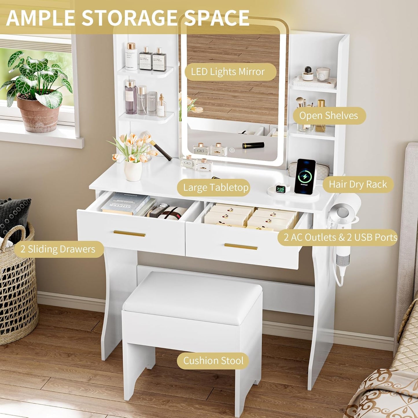 Vanity Desk with LED Lights Mirror & Power Outlet, Small Makeup Vanity Table Set with Storage Drawers & Chair, 3 Lighting Modes & Adjustable Brightness, Dressing Table for Women Girls Bedroom, White