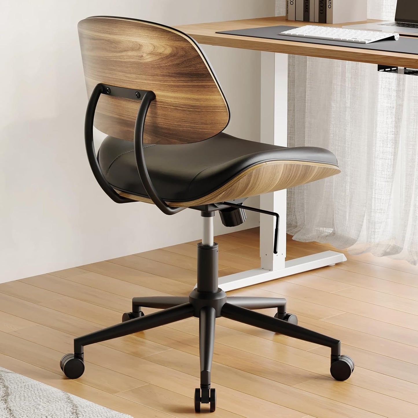 Armless Office Chair with Wheels, PU Leather Adjustable Height Desk Chair - 360° Swivel Ergonomic Computer Chair for Small Space, Modern Walnut Style, Home & Meeting Room, Black