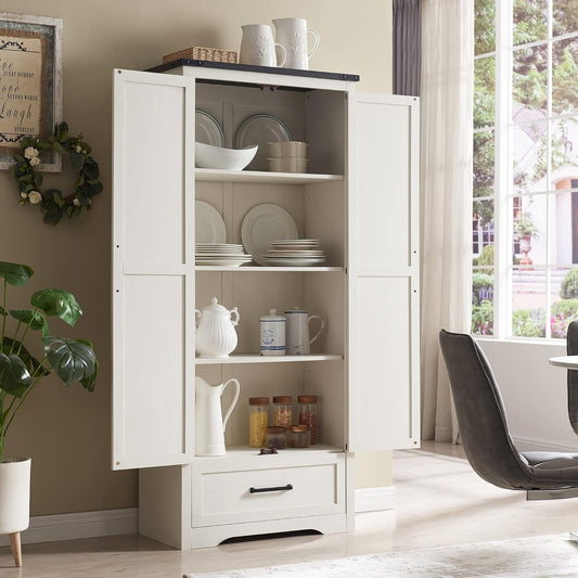 Farmhouse Kitchen Pantry Cabinet - 72" Tall Wood Kitchen Storage Cabinets with Adjustable Shelves & 2 Barn Style Doors & Drawer, Versatile Storage for Dining Room, Bathroom, Antique White