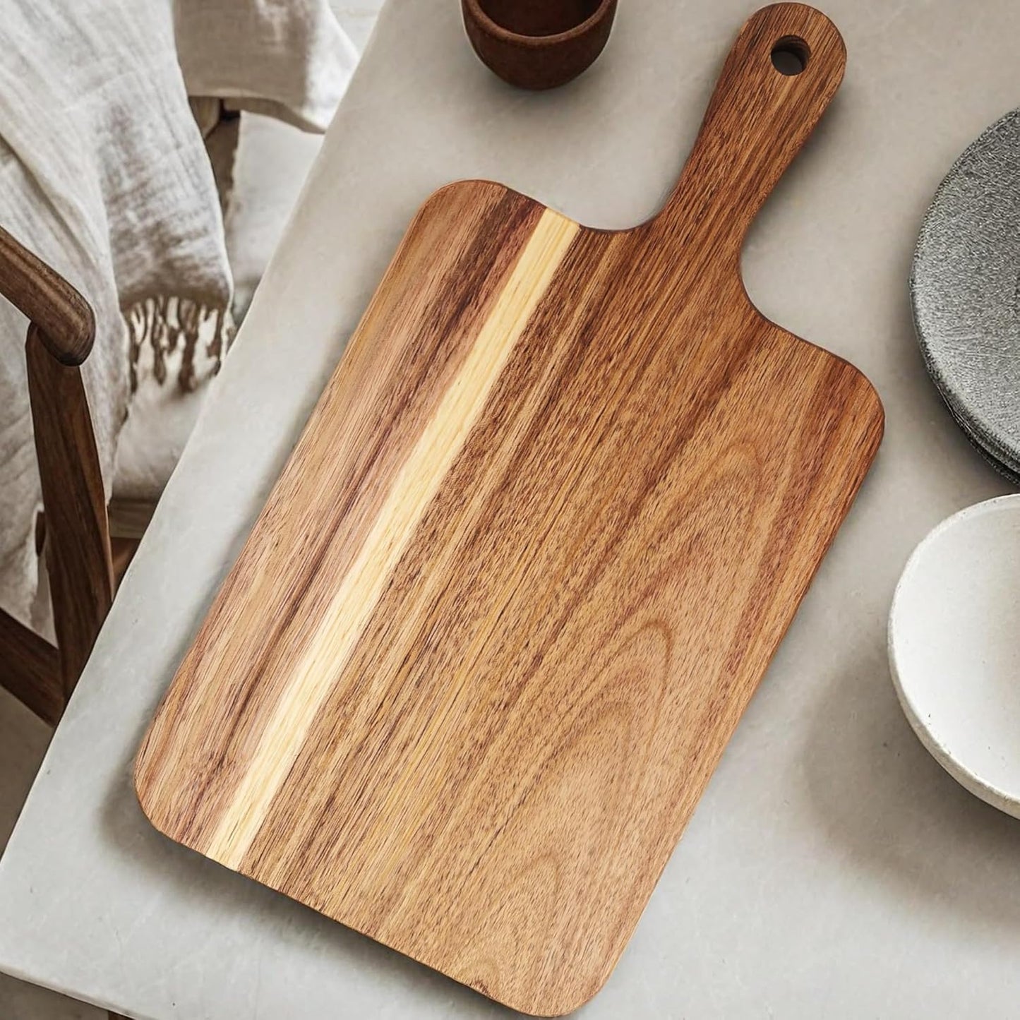 Acacia Wood Cutting Board with Handle 13.7''X7'' / Charcuterie Board/Serving Board/Cheese, Bread, Vegetables & Fruits Serving Board (Rectangular)