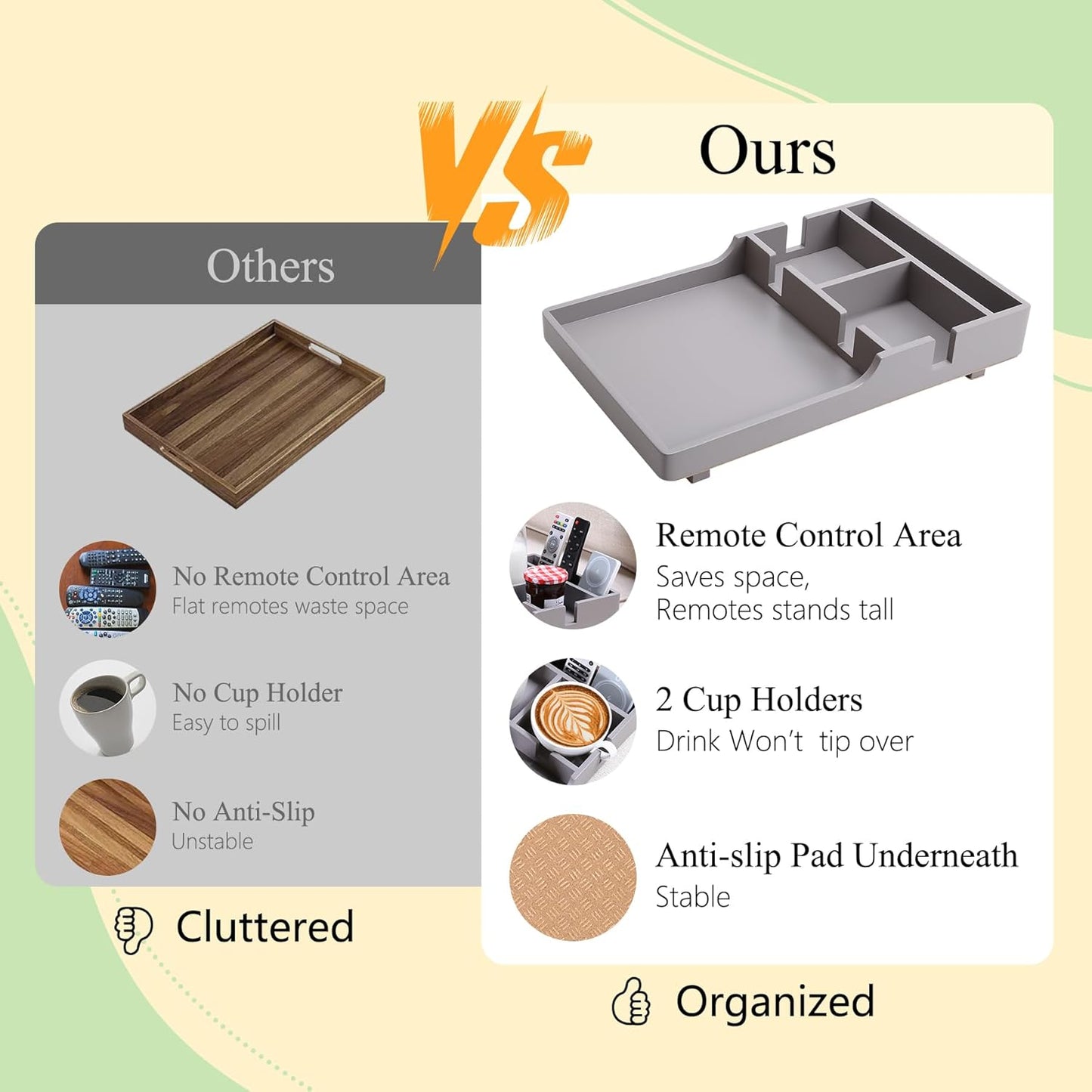 Couch Tray Insert for Middle, Bamboo 15.3โณX9.8โณ Sofa 2 Cups Holder Table between Couch Cushions, Fit Armless Couch/Sectional, 2-In-1 Fold-Flat Tray for Drink Snack Remote Holder, Gray