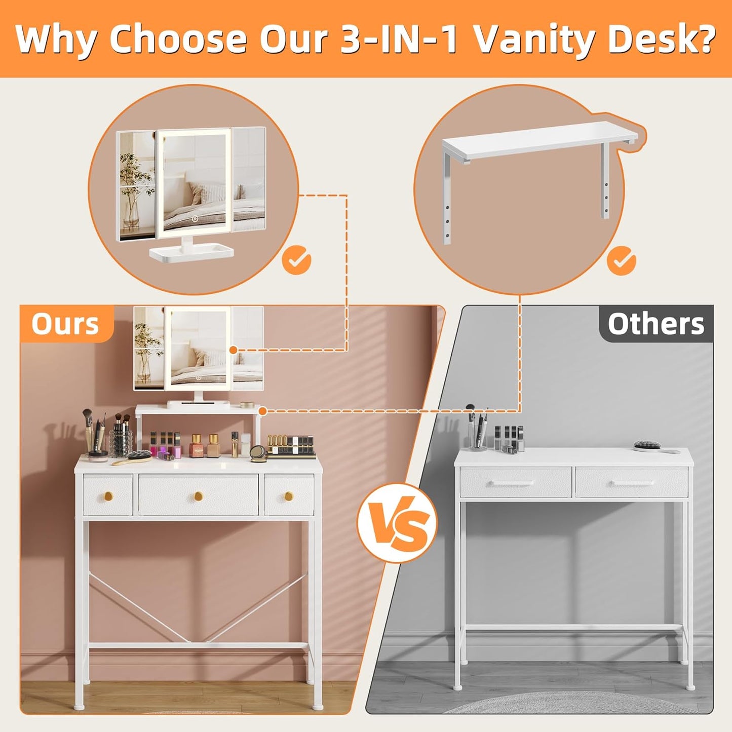 Small Makeup Vanity Desk with 3 Fabric Drawers, Vanity Table 11.8" D X 27.5" W with Mirror and Lights and Height-Adjustable Stand, Vanity for Girls Gifts, Bedroom and Small Spaces, White