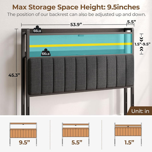 Headboard for Full Size Bed with Storage, 60,000 DIY Color of LED Light, Head Board with USB & Type C Port, Height Adjustable, Black Upholstered Cabeceras De Cama Comfortable Modern, Stable
