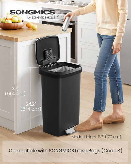 Plastic Kitchen Trash Can, 12-Gallon (45 L) Garbage Can with Stainless Steel Lid, Soft Close, Pedal Waste Bin with Wheels and Rear Handle, Ink Black ULTB533B01