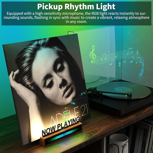 Now Playing Vinyl Record Stand, Light up Vinyl Record Display Stand with RGB Sound Control Pickup Rhythm Lights Bar, Warm White Light with Fingerprint-Proof Acrylic Letters