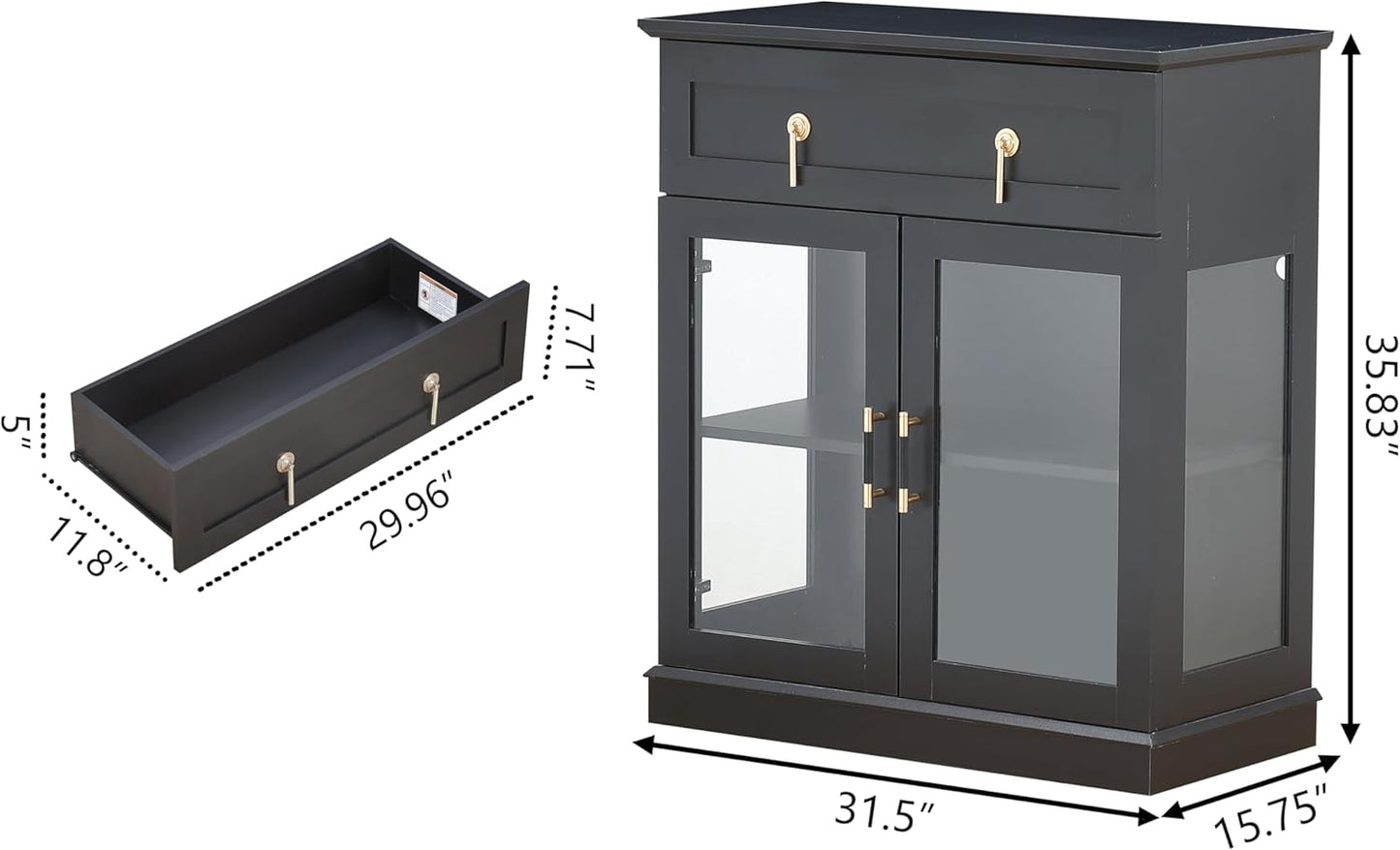 31.5'' Accent Small Buffet Cabinet with Storage, Buffet Sideboard with Two Glass Doors and a Drawer,Small Coffee Bar Cabinet with Adjustable Shelf,For Kitchen and Entryway,Black