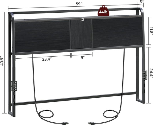 Headboard Queen Size Only, Headboard with 2 Power Strips, Industrial Head Board with Flip Door and Bed Frame Adapter, Height Adjustable, Black