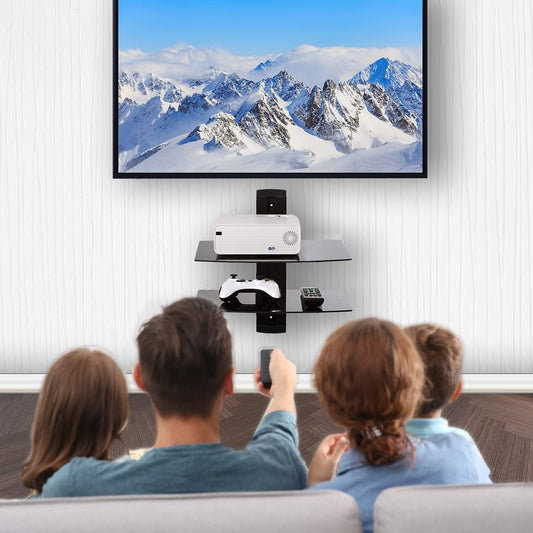 Floating Entertainment Center Shelves, Holds up to 17.6Lbs, TV Shelf with Strengthened Tempered Glasses for DVD Players, Cable Boxes, Games Consoles, TV Accessories (CS202B), 2 Shelf, Black