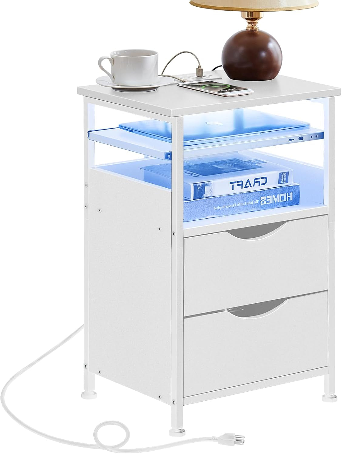 End Table with Charging Station, Narrow Side Table with 2 Drawers, Nightstand with 7 Color LED Light, Slim Bedside Table for Bedroom, Living Room, Small Spaces, White