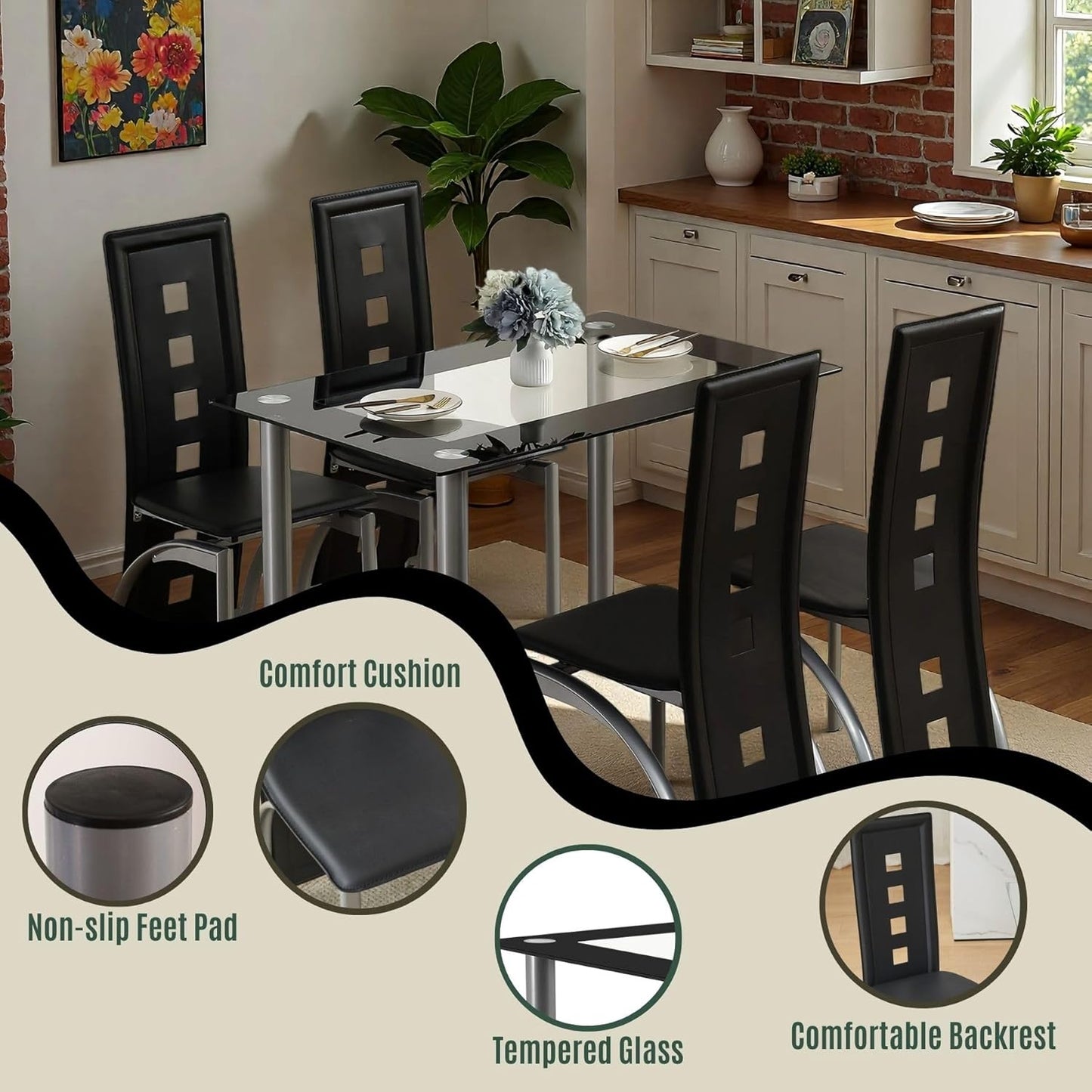 5-Piece Dining Table Set with 1 Glass Dining Table and 4 PVC Chairs, Modern Dining Table Set for Kitchen & Breakfast Dining Living Room, Space Saving