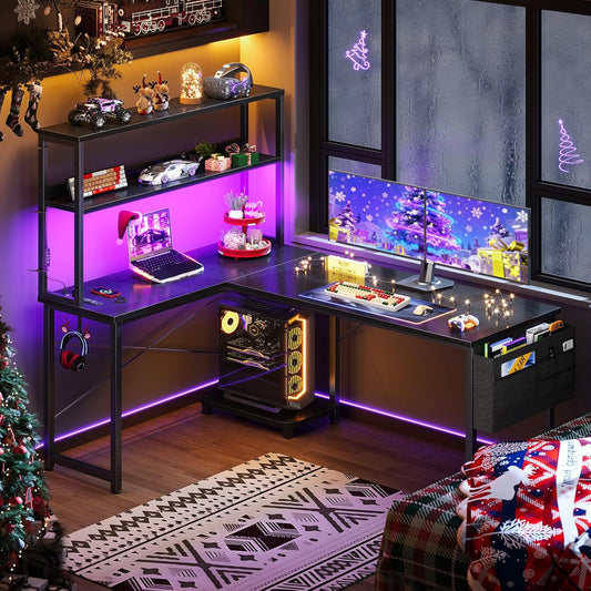 53 Inch L Shaped Gaming Desk with LED Lighting, Reversible Desk with Power Outlets, Cornor Computer Table with Storage Shelves & Bag & Iron Hook, Home Office Table for Writing, Study, Black