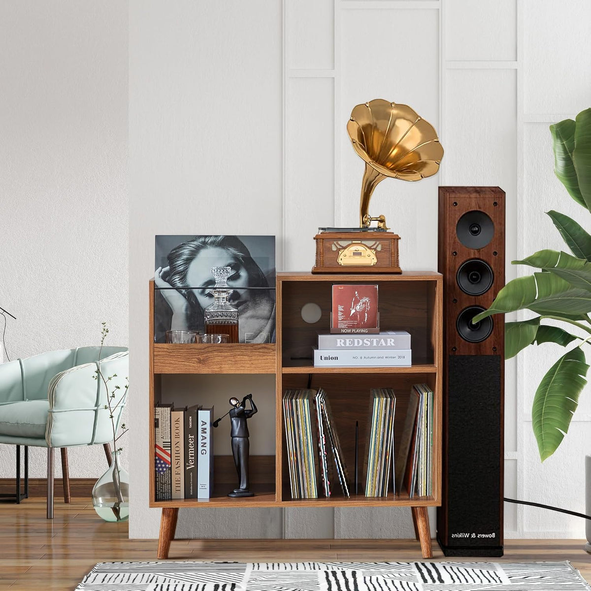 Mid century vinyl storage cabinet table with solid wood legs and power outlet, view 8