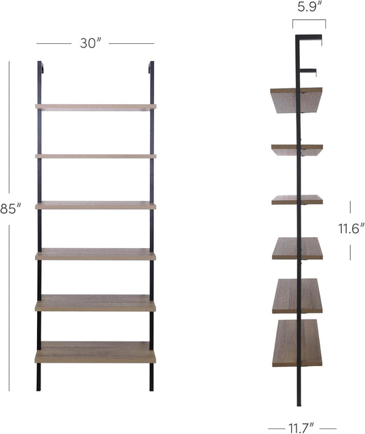 Theo 6-Shelf Tall Bookcase, Wall Mount Bookshelf with Reclaimed Wood and Industrial Metal Frame, Oak/Black