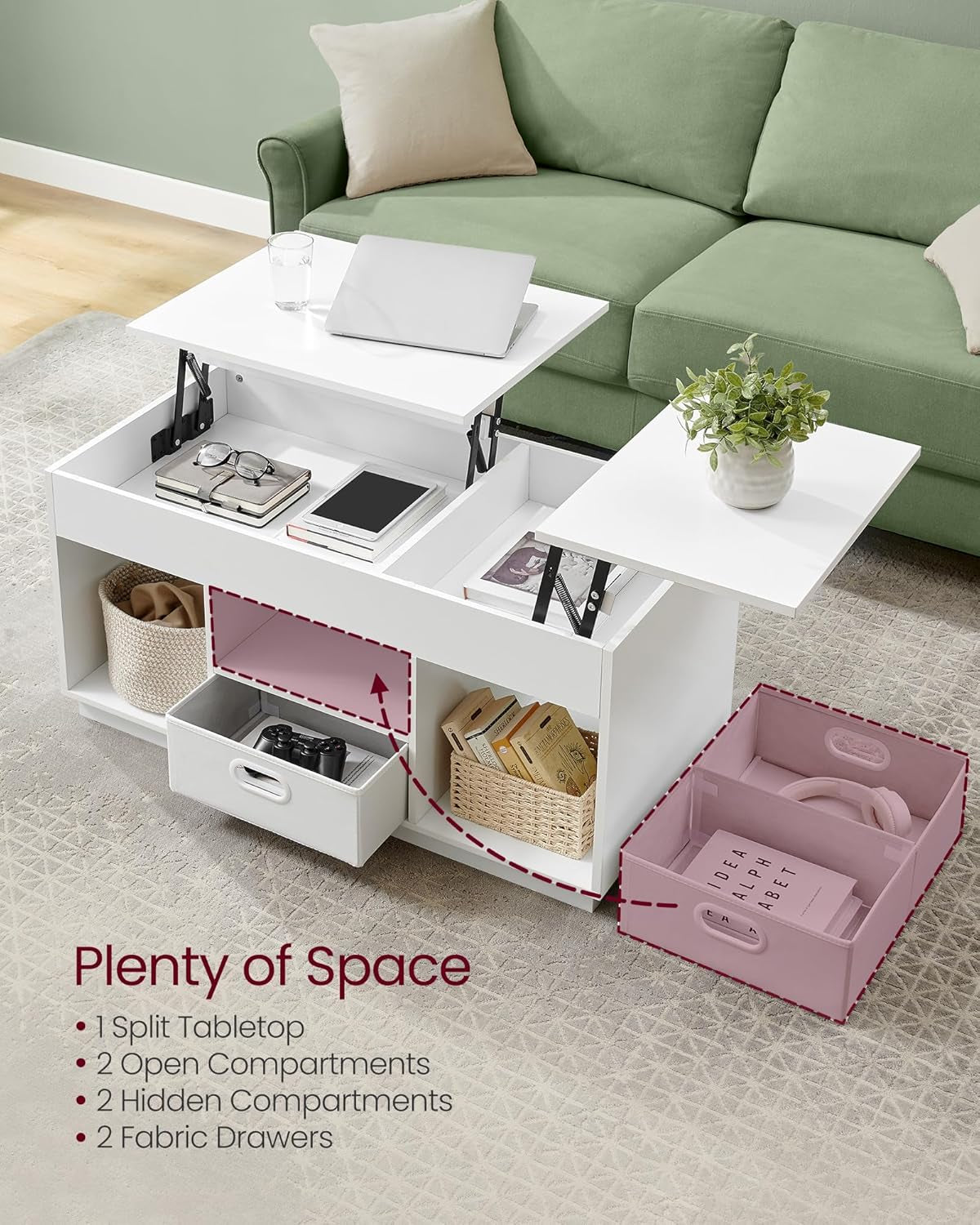 Coffee Table, Lift Top Coffee Table with 2 Drawers and Hidden Compartments, Center Table with Lift Tabletop, Open Compartments, for Living Room, Home Office, Snow White ULCT210W01