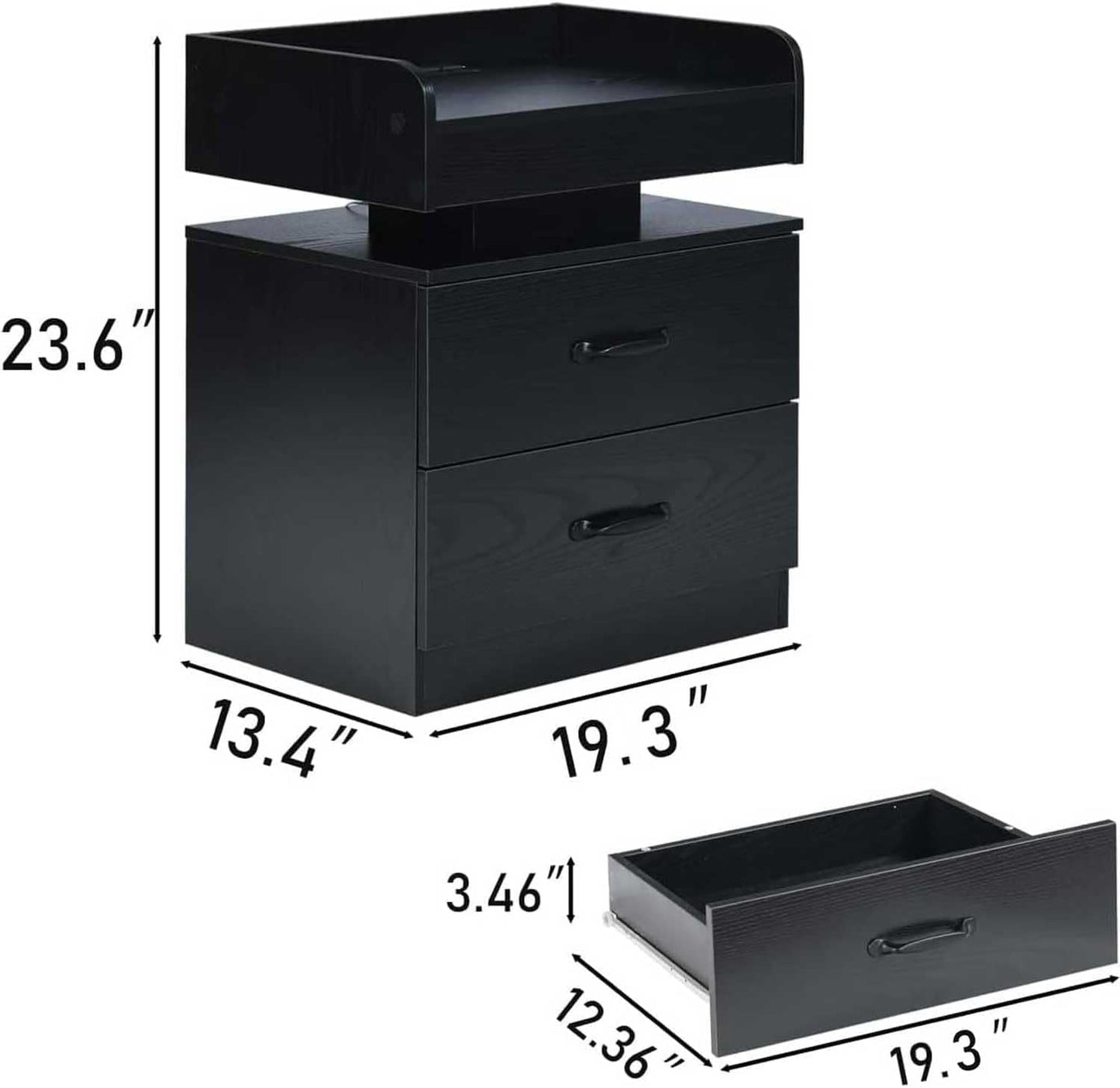 Black Nightstand with Charging Station, Bedside Table for Bedroom, LED Nightstand, Modern Night Stand with Drawers, Black