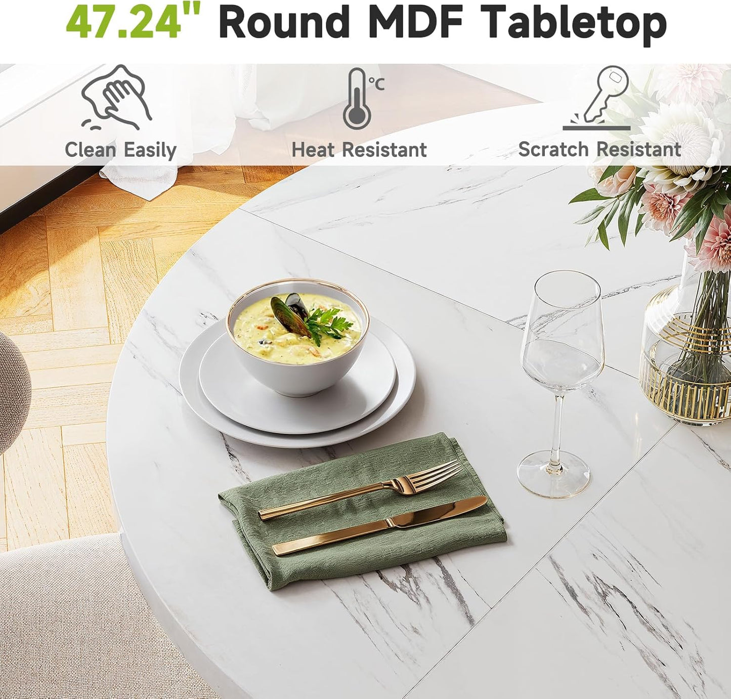 Round Dining Table, 47.24 Inch Kitchen Table for 4-6 People, Wooden Faux Marble Dinner Room Table with Gold Base, Circle Modern Small Table for Home Dining Room Kitchen Restaurant (White)