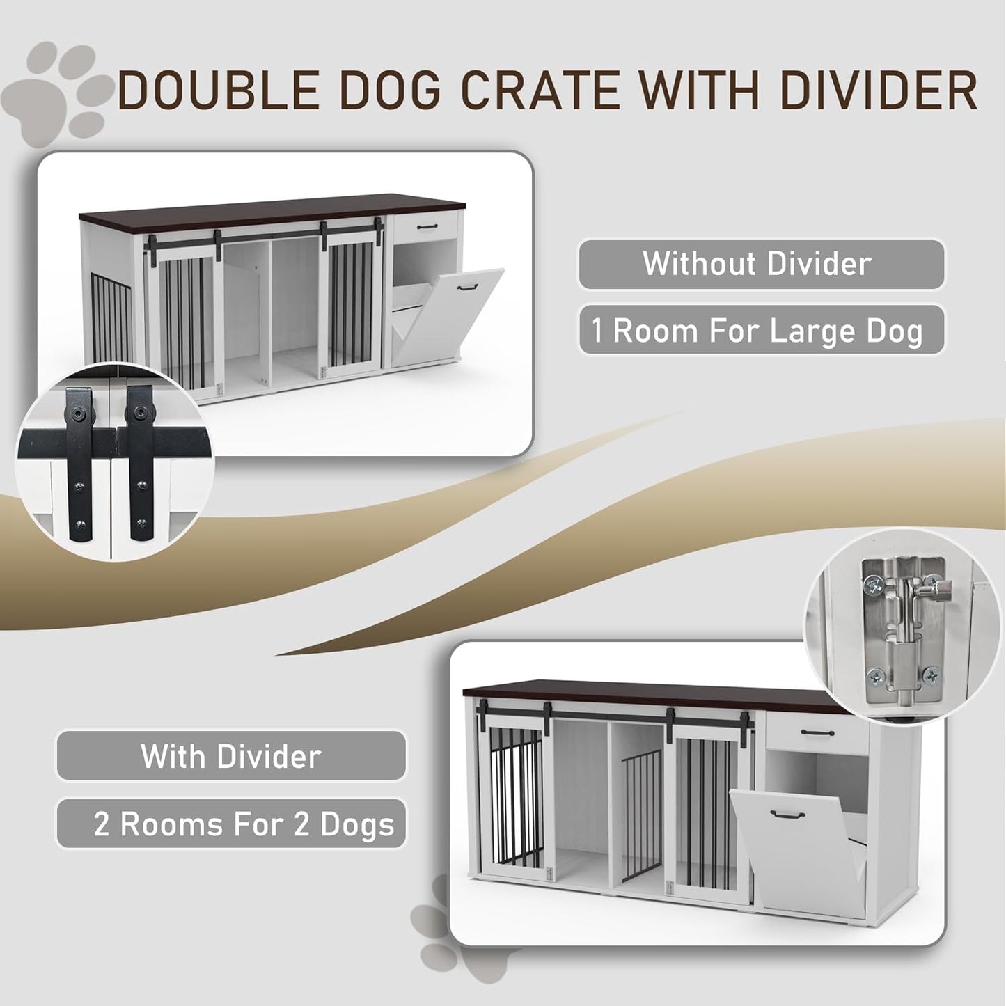 Large Dog Crate Furniture Large Breed,71 Inch Wooden Dog Crate with Tilt Out Trash Cabinet,Drawers,Divider and Sliding Barn Door, Double Doors Dogs Crate for 2 Dogs (Brown)