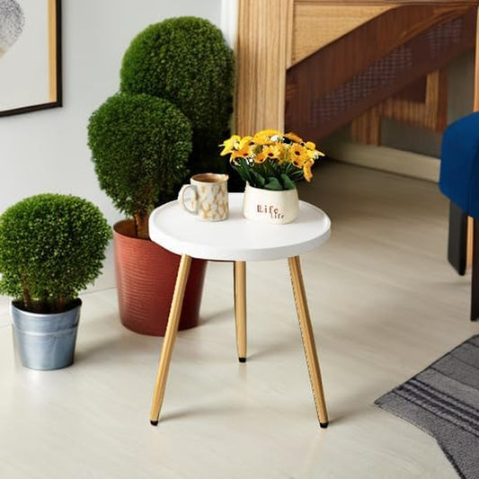 Nursery Side Table, Metal Legged Mini Table with Wooden Tray, Small round End Table for Living Room, Bedroom, Nursery, White & Gold