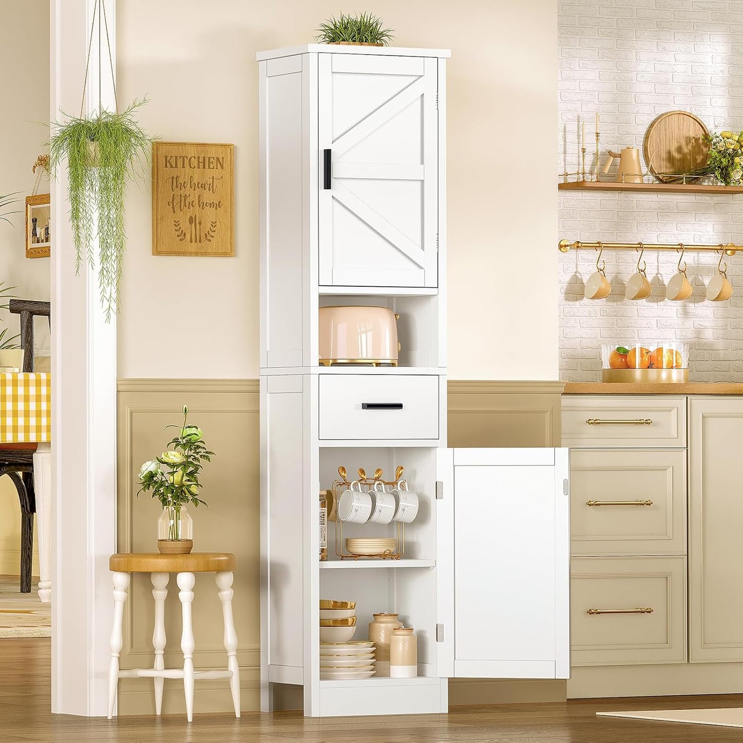 67" H Tall Bathroom Storage Cabinet with 2 Barn Doors and 1 Drawer, Narrow Bathroom Cabinet, Narrow Storage Unit, Adjustable Shelves, Floor Cabinets for Living Room, Kitchen, Forest Green