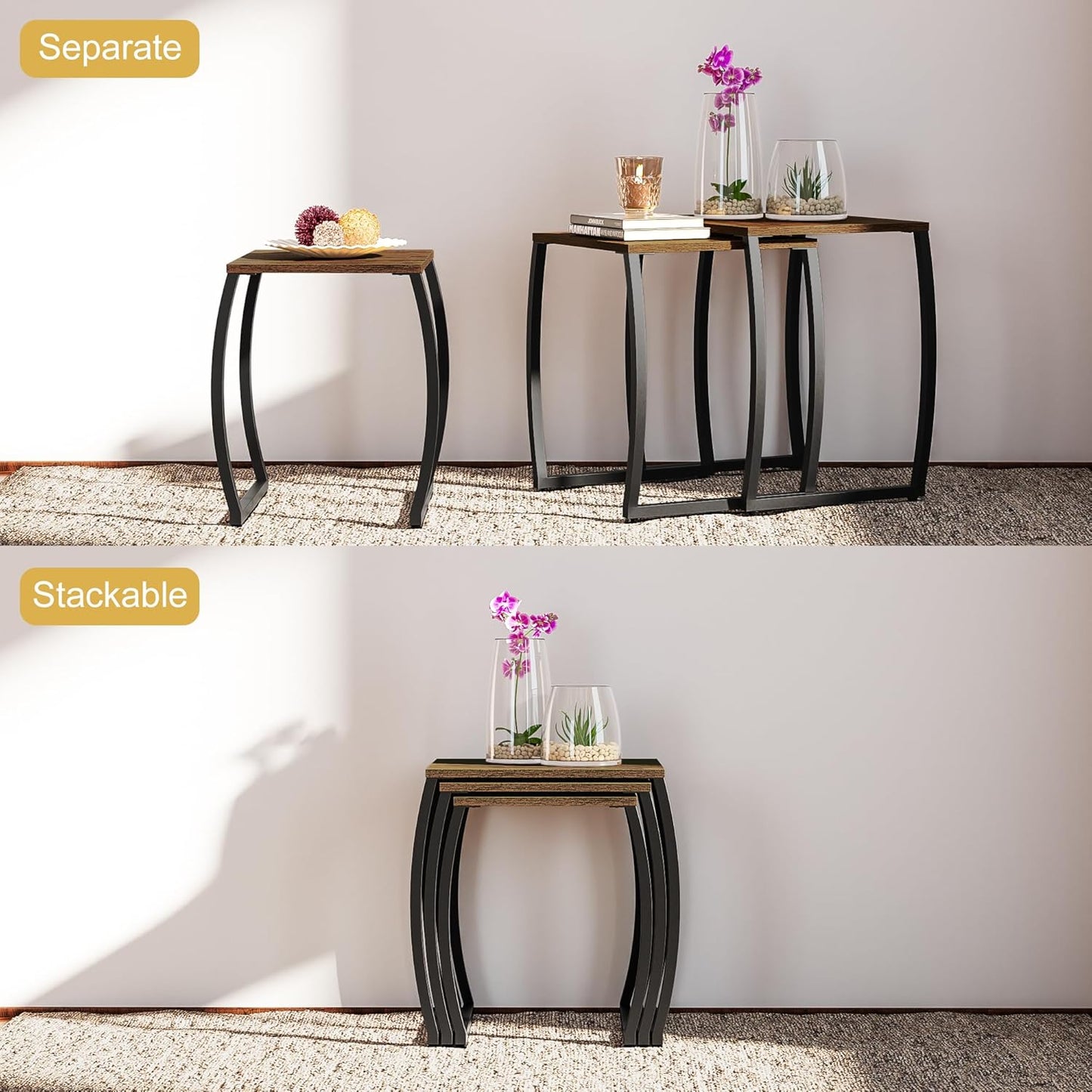 Nesting Tables, Vintage Side End Tables Living Room, Coffee Snack Table Set of 3