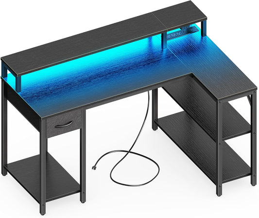 47 Inch Reversible L Shaped Desk with LED Lights & Power Outlets, Computer Desk with Shelves & Monitor Stand, Gaming Desk with Drawer, Home Office Desk Corner Desk, Black