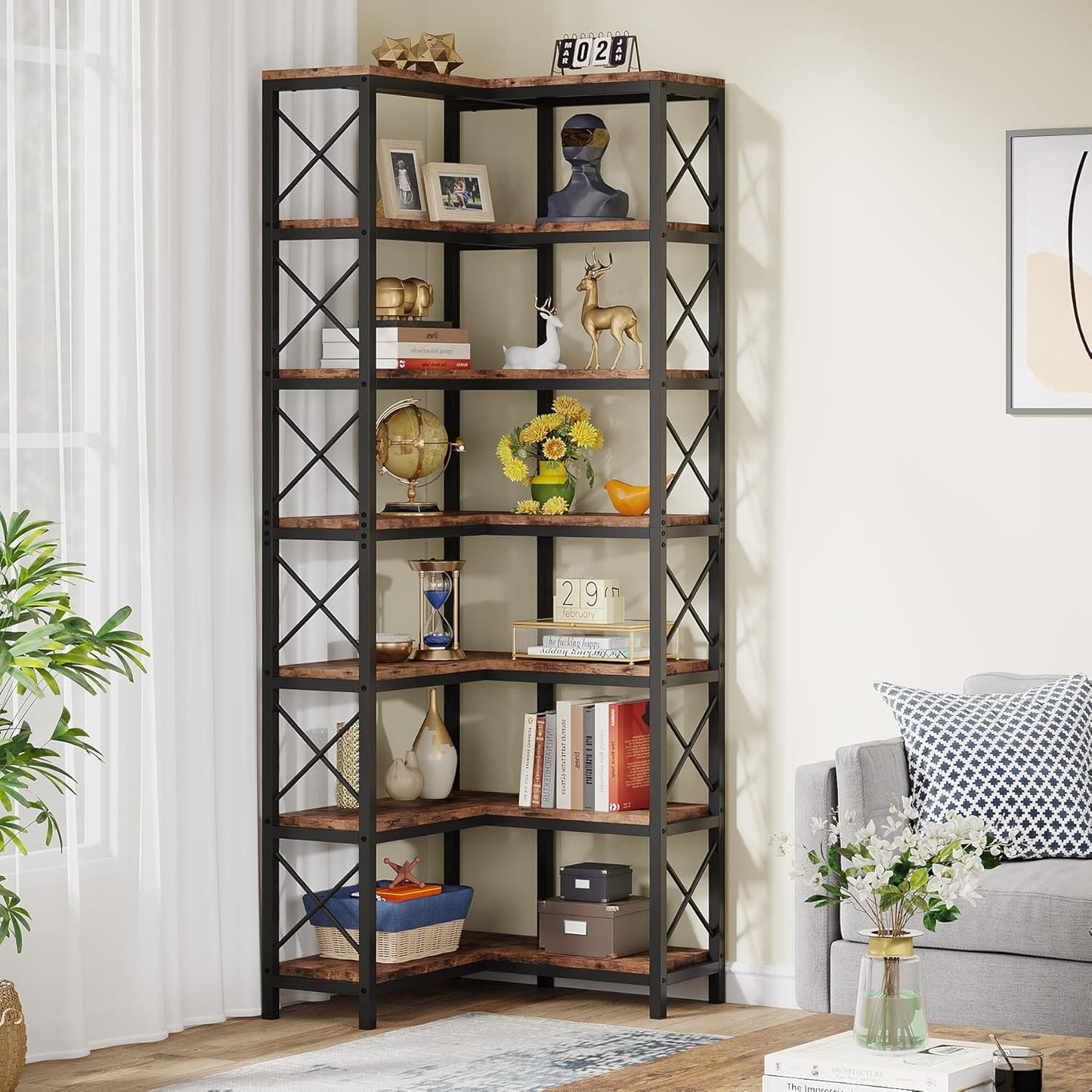 7-Shelf Corner Bookshelf,Large Modern Corner Bookcase, 7-Tier Tall Corner Shelf Storage Display Rack with Metal Frame for Living Room Home Office (Rustic Brown)