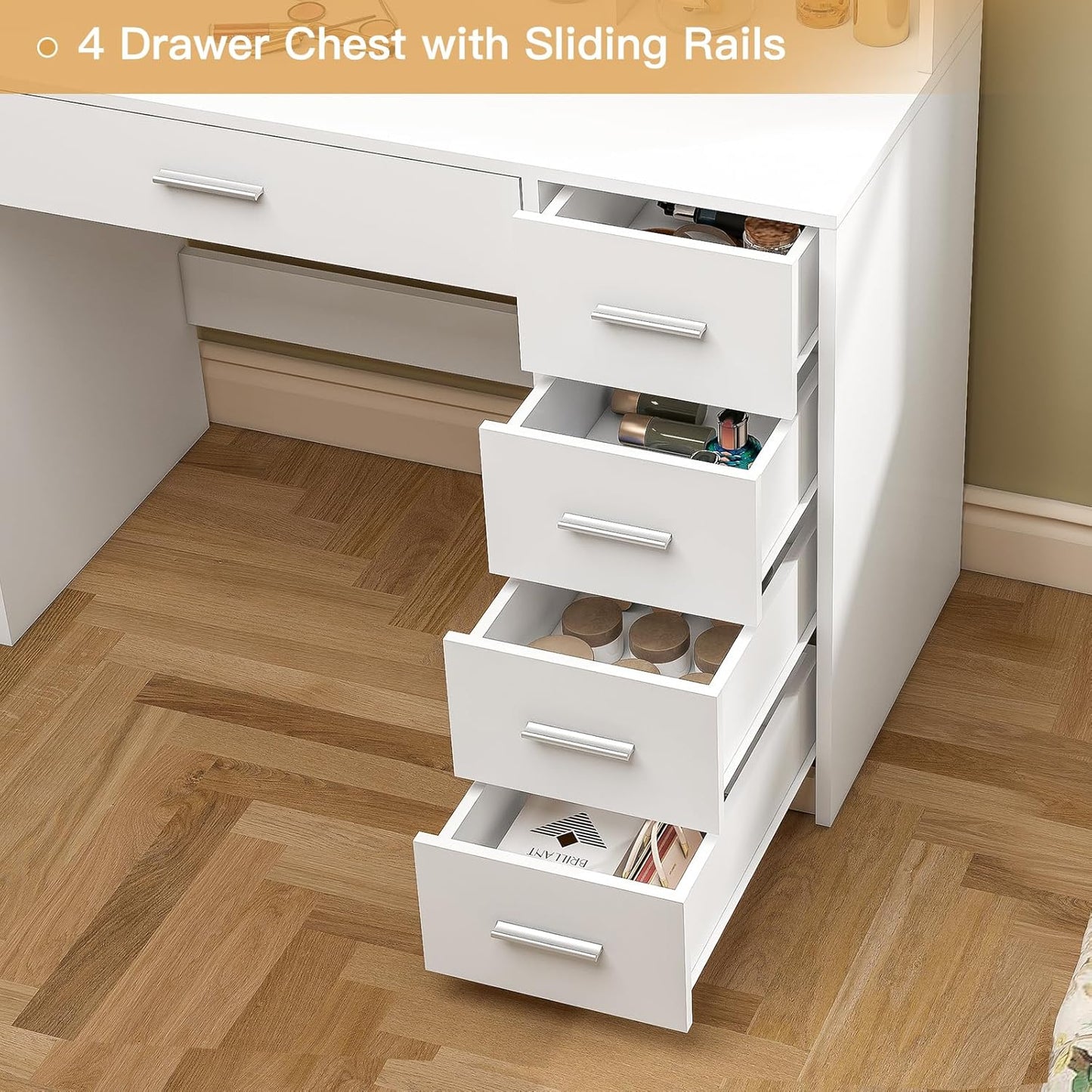 Makeup Vanity Desk with Mirror & Lights, Vanity Desk with 5 Drawers & Storage Shelves, Vanity Table, 3 Color Modes & Adjustable Brightness Dressing Table, Bedroom, White