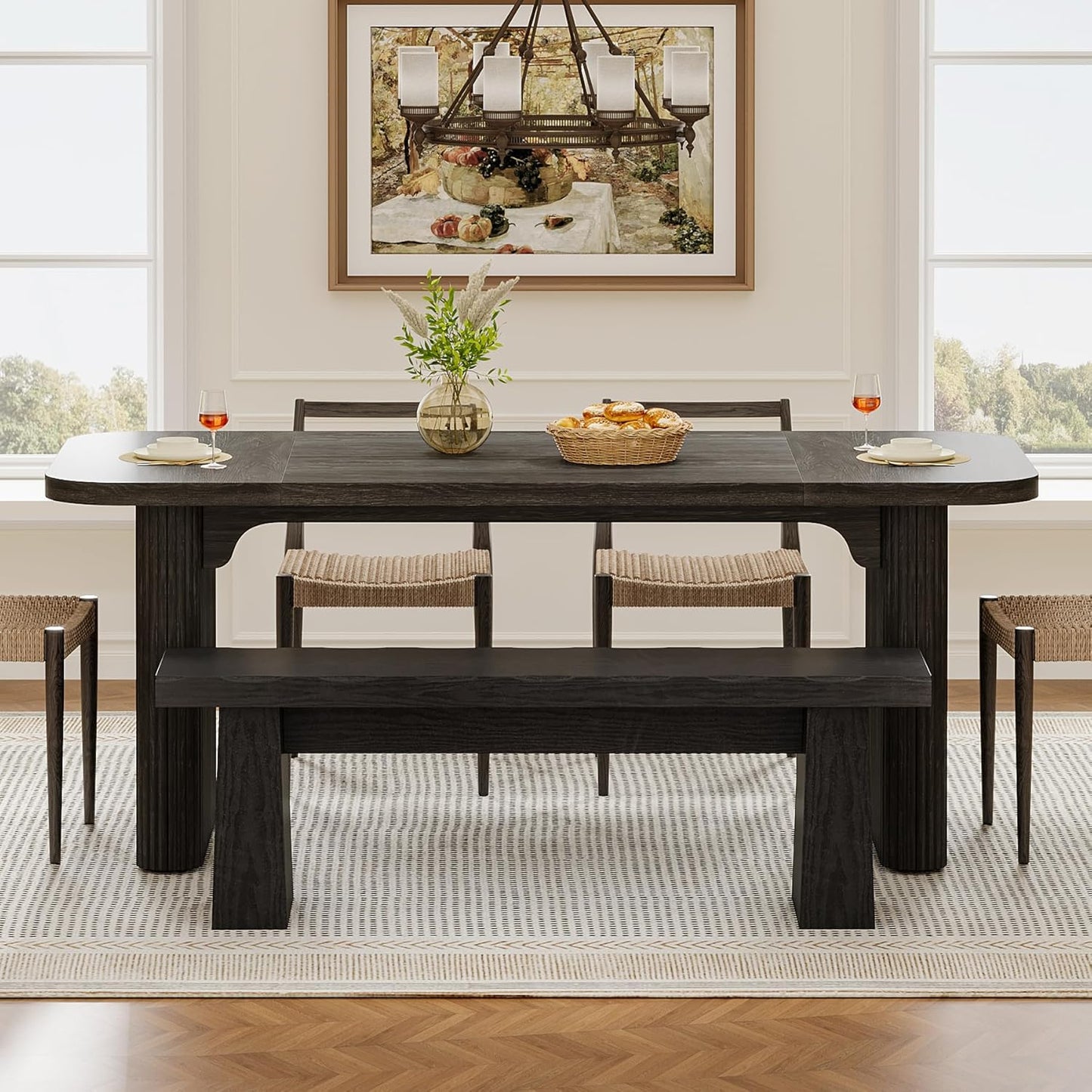 Wooden Dining Bench, 47-Inch Long Kitchen Bench with Sturdy Frame for Dining Room, Entryway, Living Room, Hallway, Easy Assembly (Black)