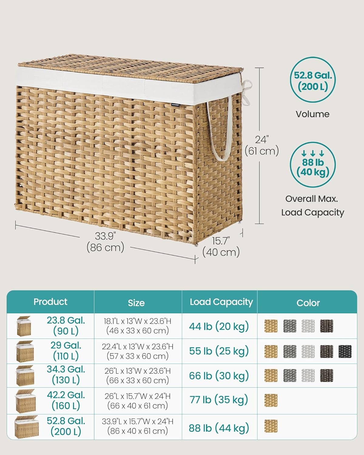 Natural wicker double laundry hamper with lid and removable liner bags, view 6