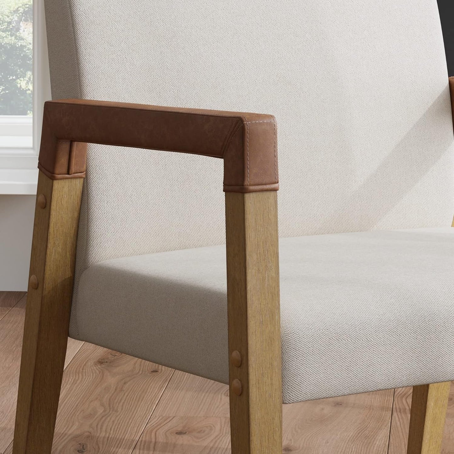 Hudson Accent Living Room Chair, Comfy Reading Bedroom Chair, Mid-Century Wood Armchair, Upholstered Fabric and Leather Armrest