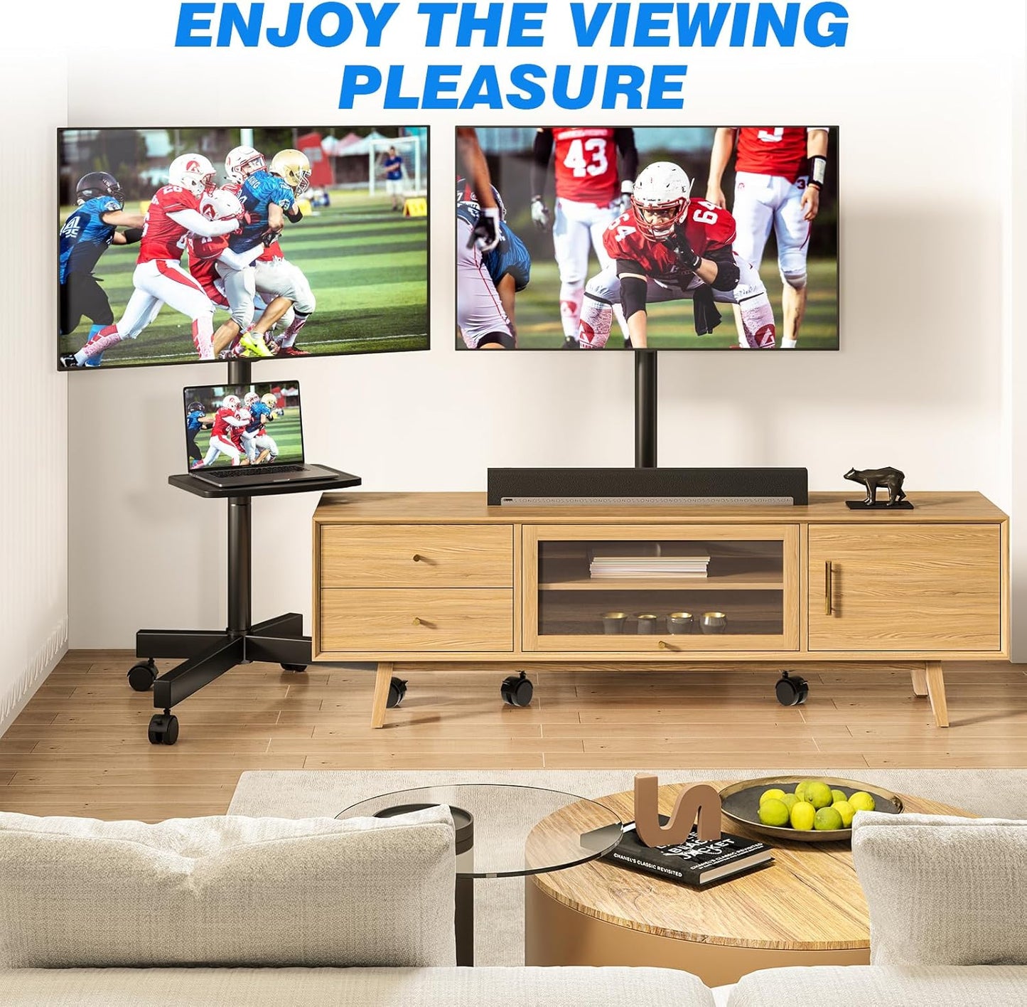 Mobile TV Stand for 23-60 Inch LCD LED Flat/Curved Panel Screen Tvs up to 88 Lbs, Rolling TV Stand with Adjustable Shelf & Tilt, Portable Floor Stand on Wheels for Bedroom, Living Room, Office