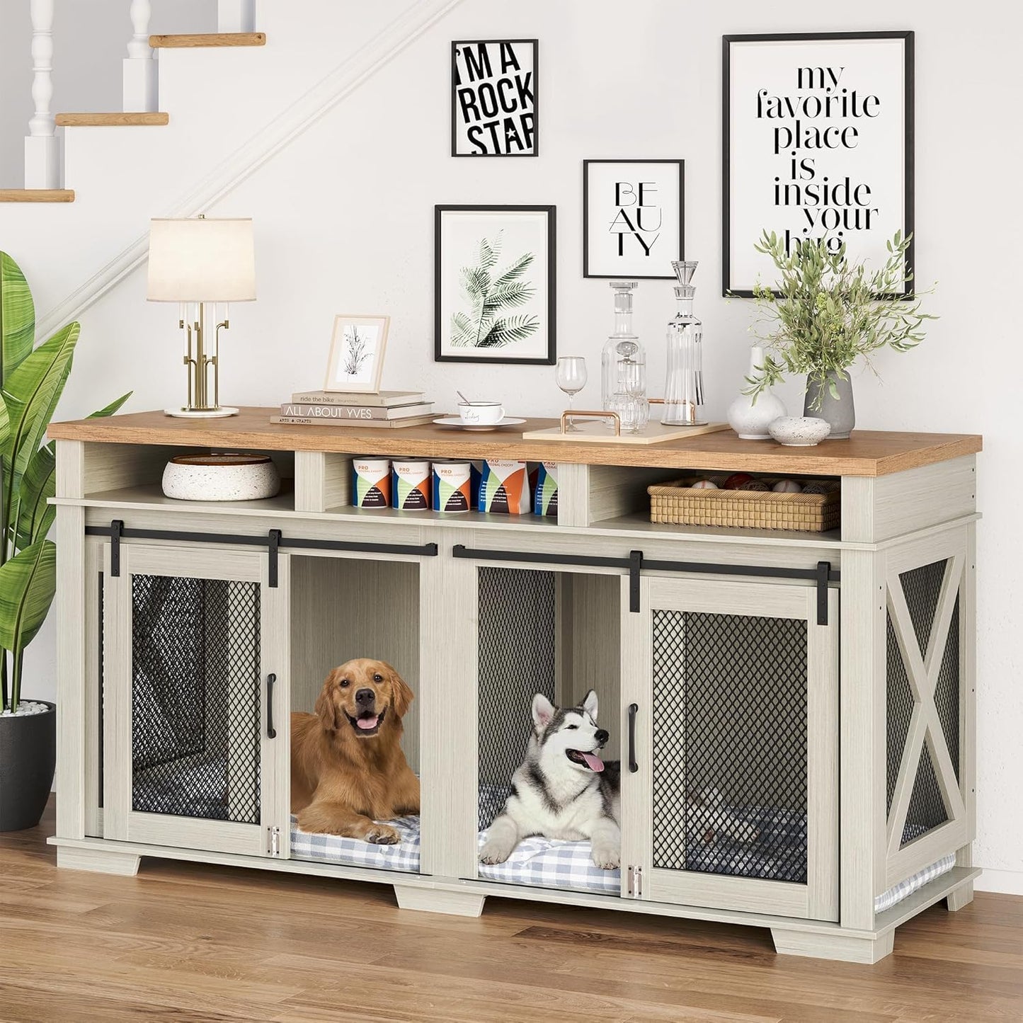 71" Extra Large Dog Crate Furniture, Wooden Double Dog Crates Kennel Cage,Furniture Style Tv Stand Side End Table for 2 Dogs with Removable Divider for Large Dogs,3 Storage,White/Light Oak
