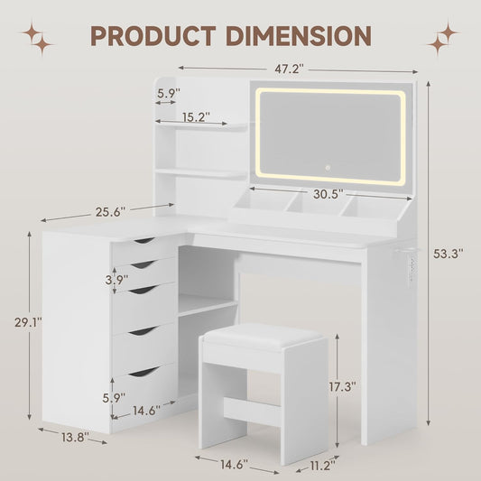 Vanity Desk with Mirror, L Shape Vanity, LED Lighted Mirror, with Power Outlet and 3 Storage Shelves, Makeup Table with 5 Drawers, 3 Color Modes, for Bedroom(White)