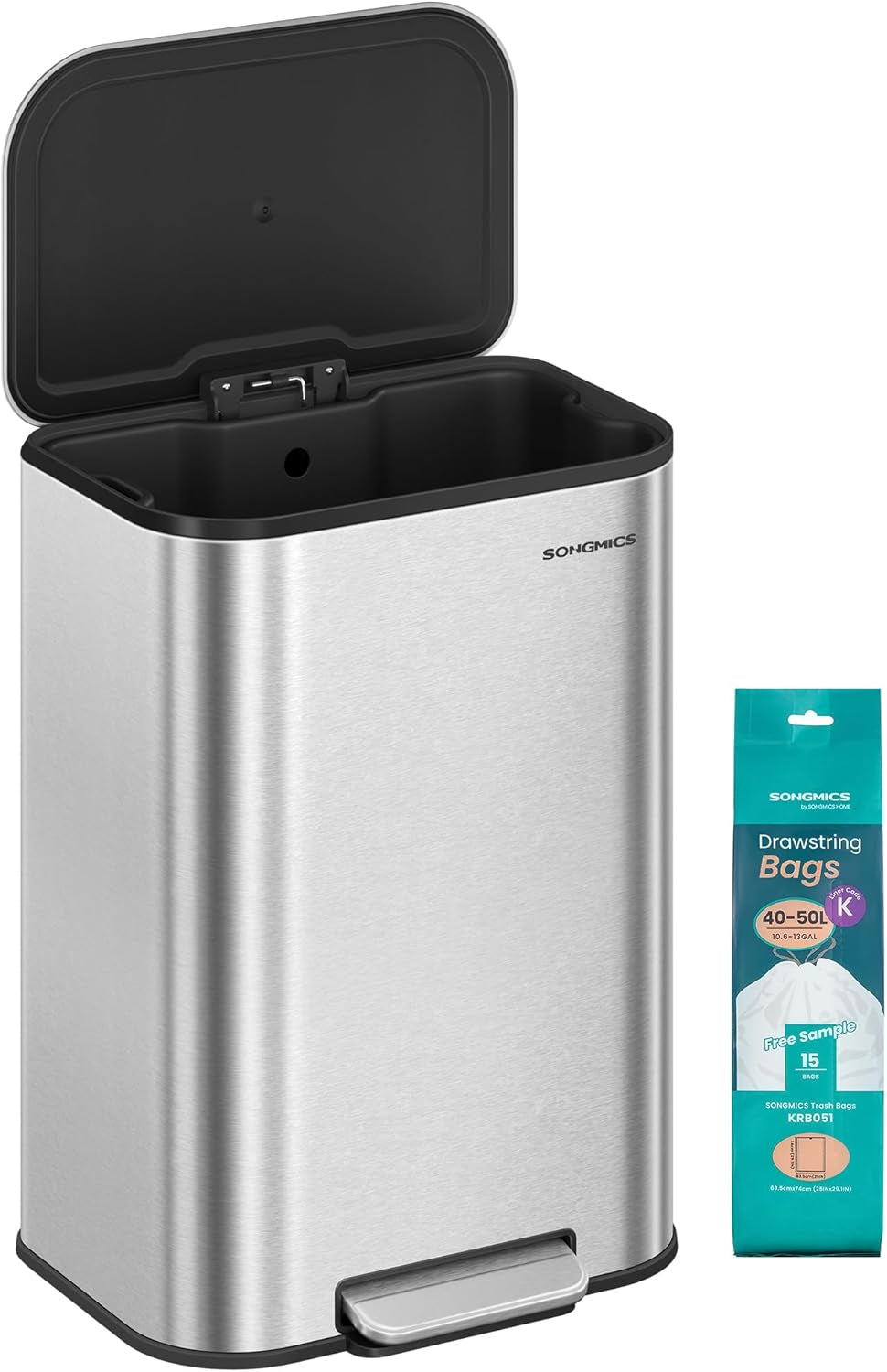 Kitchen Trash Can, 8-Gallon (30 L) Garbage Can with Lid, Stainless Steel, Soft Close and Stays Open, Inner Bucket, Wide Non-Slip Pedal, Metallic Silver ULTB546E01
