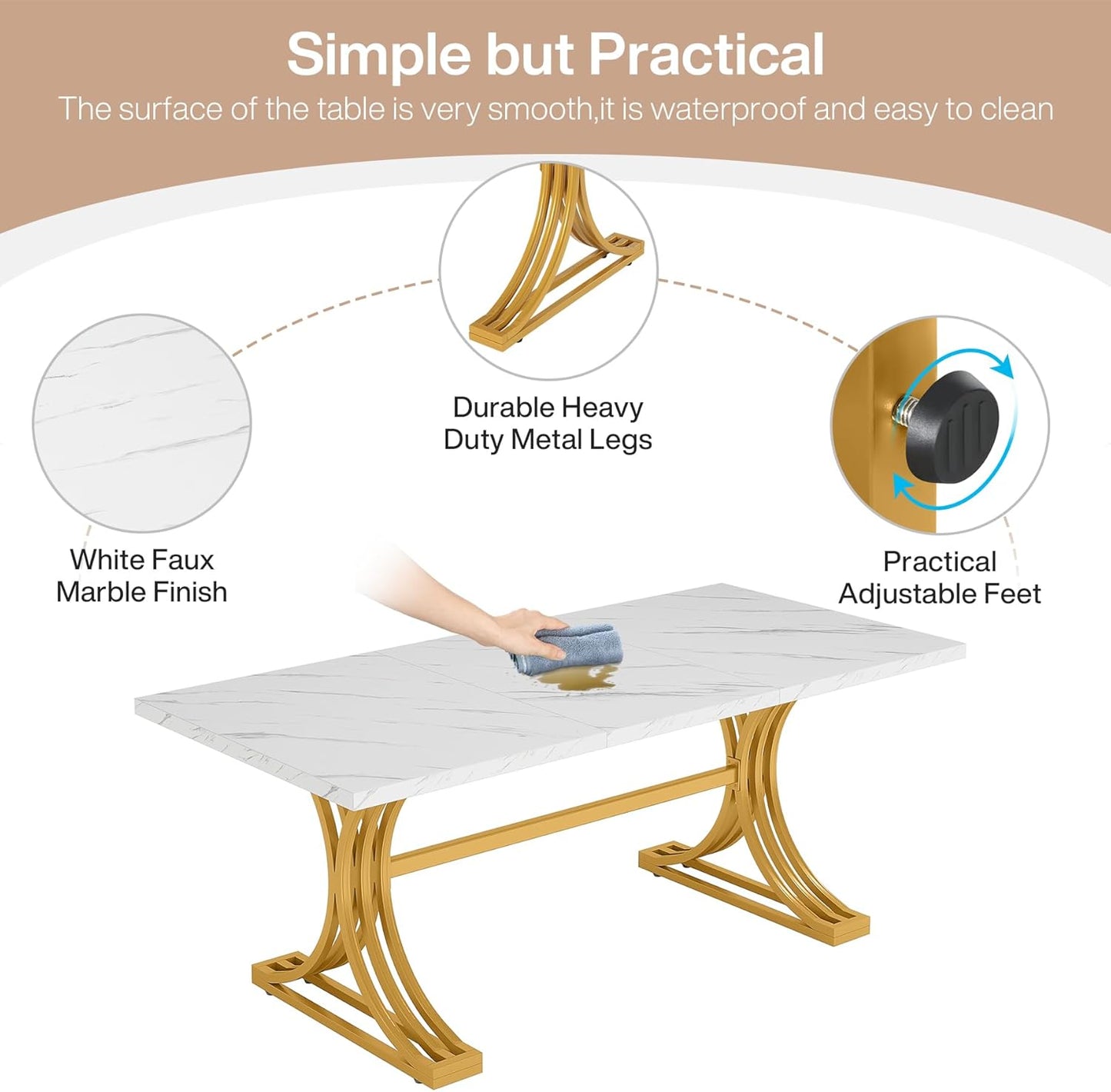 63-Inch Rectangular Dining Table for 4 to 6, Modern Kitchen Table with Stylish Metal Trestle Legs, Large Dinner Table for Dining Room, Chair Not Included (White+Gold)