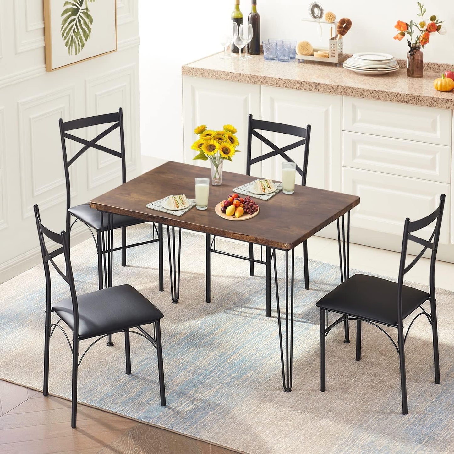 5-Piece Dining Table Set for Home Kitchen Small Space Breakfast Nook, 4 Faux Leather Metal Frame Chairs, Retro Brown